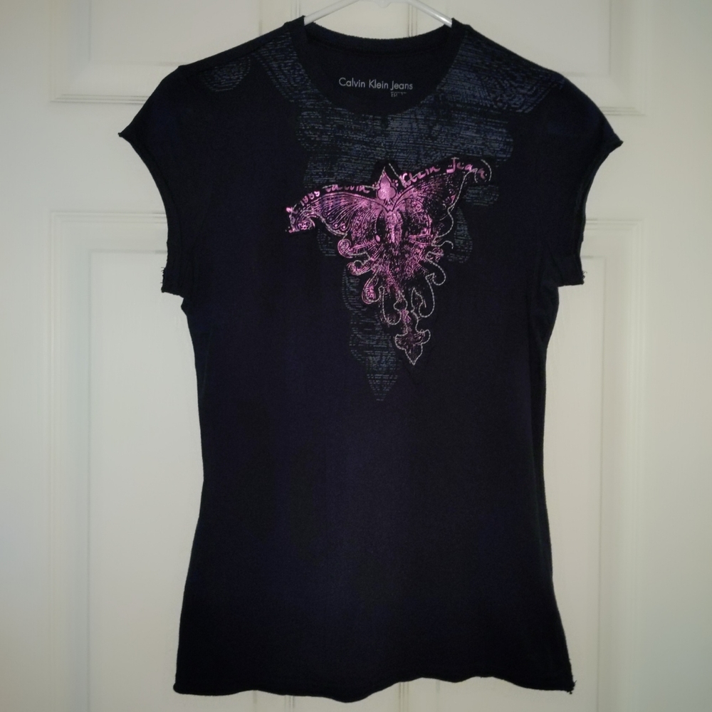 Calvin Klein Pink Black T Shirt Medium see measurements